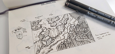 Sketch for 2022 Header Image city cliffs design draft forest illustration nature sketch statue wip work in progress