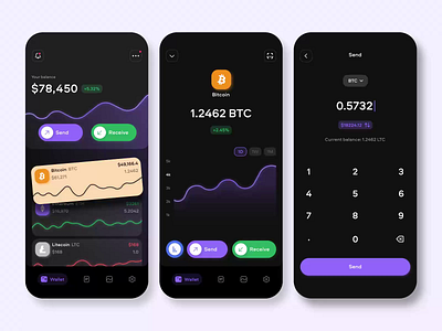 CryptoWallet - Mobile Application for Cryptocurrency Management animation blockchain clean crypto cryptoapp cryptocurrency cryptomarket cryptowallet dark mode fintech mobile mobile app mobile design motion ui