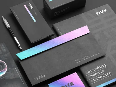 Holographic Black Branding Mockups black brand branding card document holographic holography identity letterhead logo logo identity mockup neon paper poster presentation print psd stationery template