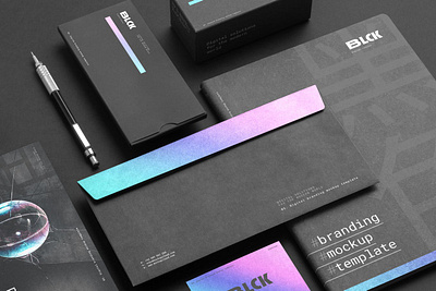 Holographic Black Branding Mockups black brand branding card document holographic holography identity letterhead logo logo identity mockup neon paper poster presentation print psd stationery template