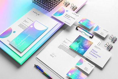 Neon & Holographic Branding Mockups brand stationery branding card document holographic holography letterhead logoidentity lucid mockup neon paper poster presentation print psd stationery template typography white