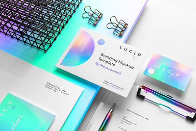 Neon & Holographic Branding Mockups abstract branding card document holographic holography letterhead logo identity lucid mockup neon paper poster presentation print psd stationery template typography white