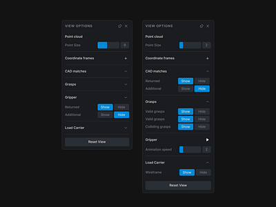 Options panel component 3d calibration accordion ai controls dark mode dark theme inputs robotics settings sidebar slider toolbar ui component ui design web app