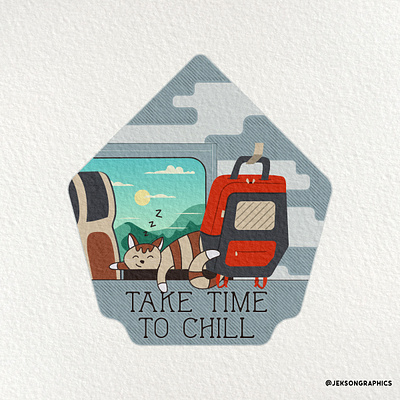 Take Time to Chill | Retro Badge Design with Textures badge camping cat chill chilling cute cat design emblem illustration label logo pet pets sleeping sticker train vector vintage