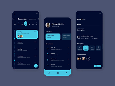 Medical app - Dark Theme / Light Theme app calendar clinic dark mode dark ui darklight darktheme design files health health app hospital medical medical app mobile app nurse organization task ui ux