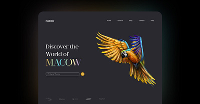 Macow Landing Page animal birds convrtx dark design dribbble illustration landing page minimal modern pets typography ui uiux unique ux versatile web web design website