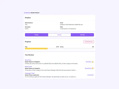 Reviewing job applications in Read Blindy clean component inbox light minimal progress bar simple tailwind ui web