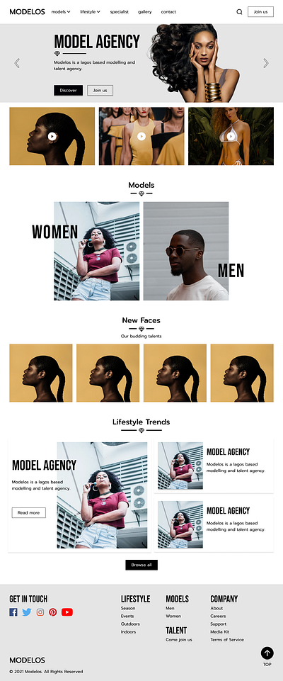 Modelling and talent agency website design minimal ui ux web