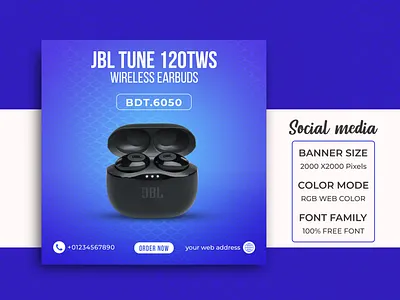 Social Media Earphone Banner | JBL TUNE 120TWS | Web Banner banner design branding earphone banner facebook ad free freepik template graphic design headphone banner illustration instagram banner jbl tune 120tws lovely sound product design social poster templates psd web banner