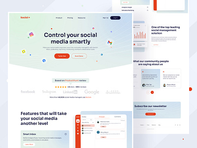 Social+ Landing page color design header home page landing page product saas saas landing page sass socail media ui ui ux ui design ux uxdesign visual design web design web ui website website design