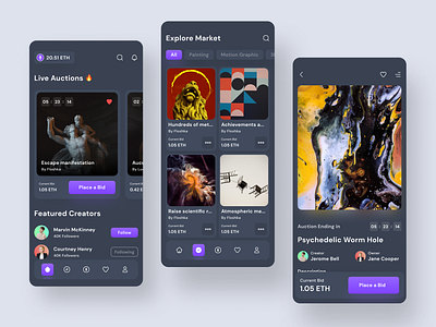 NFT - Mobile App Exploration clean crypto cryptocurrency dark dark mode design ios mobile mobile app mobile app design nft nft app nft market nft marketplace ui ui design ux
