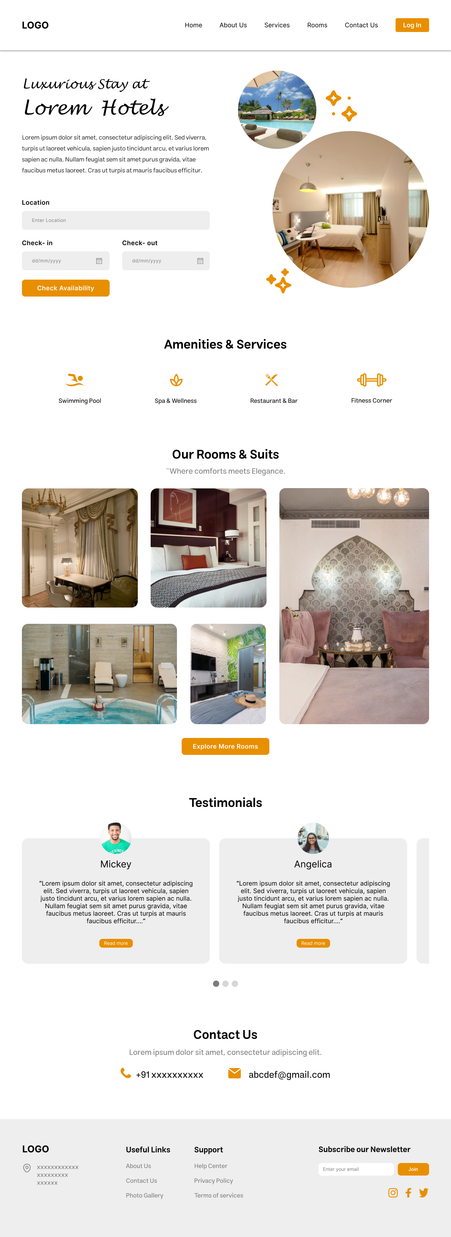 Landing Page for Hotels UI design 2025 aesthetic auto layout branding design graphic design hotels illustration landing page logo new orange rooms suits trending ui ui design ux web website
