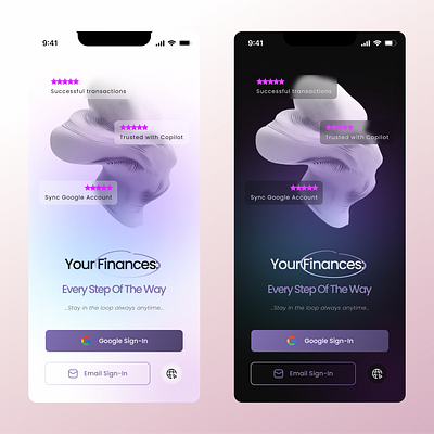 Welcome Screen [Light/Dark Mode ] ai app app inspiration app screen dark mode defi defi inspiration finances financial inspiration futuristic futuristic concept glass glassmorphism inspiration light mode login screen reviews ui web3 web3 design welcome screen