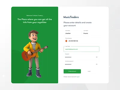 MusicTraders Create Account UI 3d illustration account create clean ui minimal signup product signup registration ui signin signup uiux user management process ux
