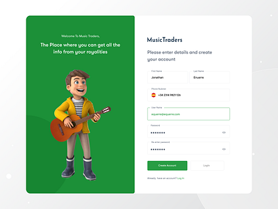 MusicTraders Create Account UI 3d illustration account create clean ui minimal signup product signup registration ui signin signup uiux user management process ux