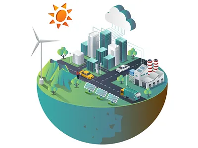 Smart city with cloud server and solar panels communication