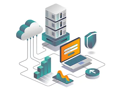 Cloud server data security analysis in isometric design background