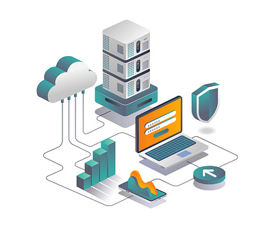 Cloud server data security analysis in isometric design background