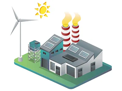 Factory with windmill and solar panels in isometric illustration station