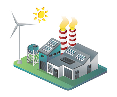 Factory with windmill and solar panels in isometric illustration station