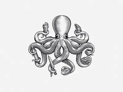 Octopus bread chef coffee emblem etching food icecream illustration kitchen logo octopus restaurant retro sandwich scratchboard sea vintage