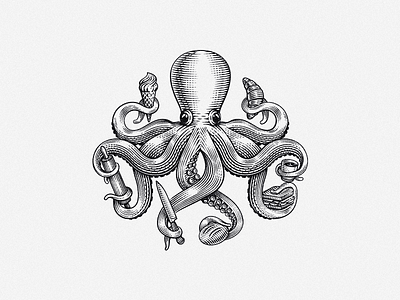 Octopus bread chef coffee emblem etching food icecream illustration kitchen logo octopus restaurant retro sandwich scratchboard sea vintage