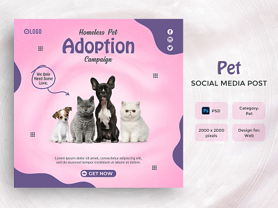 Pet Adoption | Social Media Instagram Post Design cat cute design dog facebook facebook post instagram instagram post pet pet adoption pet campaign save pet social media post social network template