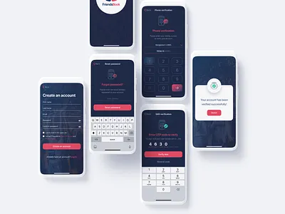 FriendsBook – Social Media Mobile App UI Kit #3 app design create account creative ui dark theme dating app events forgot password mobile app otp code screen phone verification product design social media app successfully verified uiux design