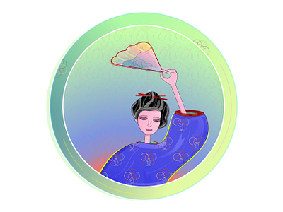 An Asian girl with a fan asia asian girl chinese circle east fan flower pattern hair hair stick holding hand illustration japan kimono multicolor oriental pattern raised hand