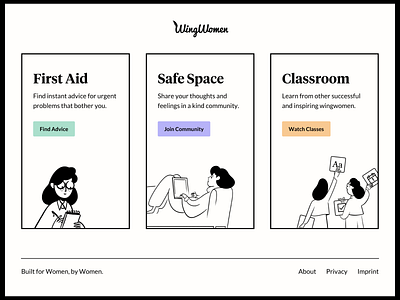 WingWomen - Online Women Community Landing Page (Version 2) advice app branding classes classroom community design illustration logo mobile productdesign typography ui ux wingwoman wingwomen woman women