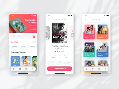 Manybooks app book genres graphic design library reading ui