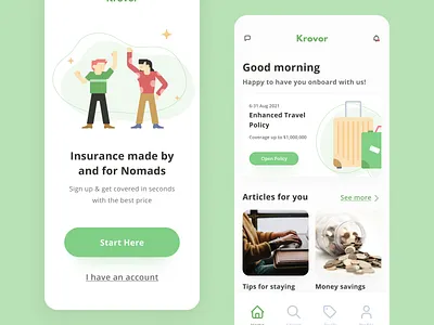 Krovor Mobile App app design branding freelancer graphic design holiday illustration insurance mobile mobile app nomads travel travel insurance ui ui design uiux