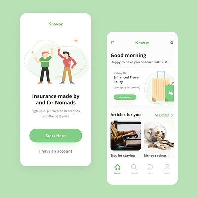 Krovor Mobile App app design branding freelancer graphic design holiday illustration insurance mobile mobile app nomads travel travel insurance ui ui design uiux