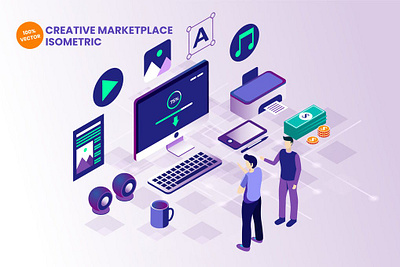 Isometric Creative Marketplace Vector Illustration 3d animation 3d art 3d illustration app business commerce concept creative design illustration isometric marketplace online page sale shop store technology vector web