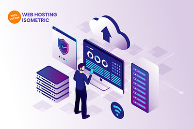 Isometric Web Hosting Vector Illustration 3d 3d animation 3d art 3d illustration app banner concept design development illustration isometric landing landing page landing pages page pages technology web design web development website