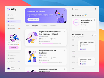 Skilly. Course dashboard big sur clean course dark mode dashboard illustration learning school study ui ux web