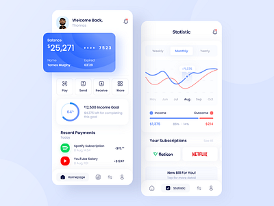 Wallet App Design app design app ui banking card clean finance flat design graphbar homepage mobile mobile design money payment statistic ui ui design uiux user interface ux wallet