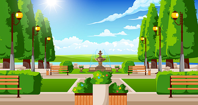 Summer park landscape environment flat fountain illustration landscape park vector