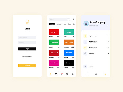 Bizz category ecommerce login profile shopping