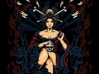 Queen Geisha Demon dark dog fantasy geisha illustration japanese skull tshirt design