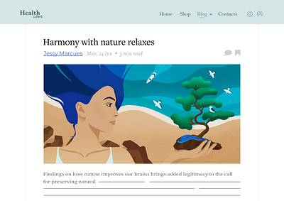 Travel illustration. Woman relax with nature & the seashore beach beauty character design flat health healthcare illustration landscape mental natural nature psychology relax rest sea seashore summer travel woman