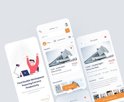 Workspace Rental App booking app clean design clean ui co workspace hotel booking app house booking app mobile app real estate app rent app rental app room booking app space booking ui uiux ux