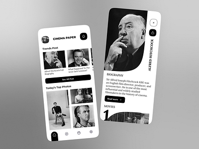 CINEMA PAPER alfred hitchcock blackwhite blog branding chromatic cinema clean design fig figma graphic design inspiration minimal mobile mobile application movies newspaper ui user interface ux