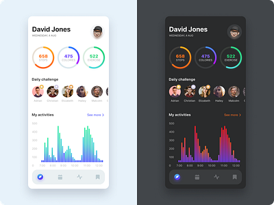 Fitness app activity application chart dark mode design fitness flat design health ios light mode mobile ui ux workout