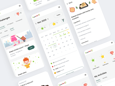 Health Platform for Children - SuperMe (Mobile version) achievement calendar challenges graphic design health illustration mobile nutrition phone recipes sport trophy ui ux web design