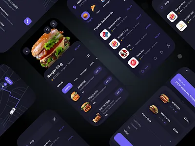 Food App 3d app black branding dark delivery design designer food food app ios purple restaurant ui uidesign uiux user interface ux web