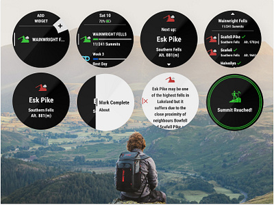 Wainwright Fells Garmin App app design fells garmin garmin watch hike hiking lake district mountains outdoors travel ui uk ux wainwright watch wearable widget