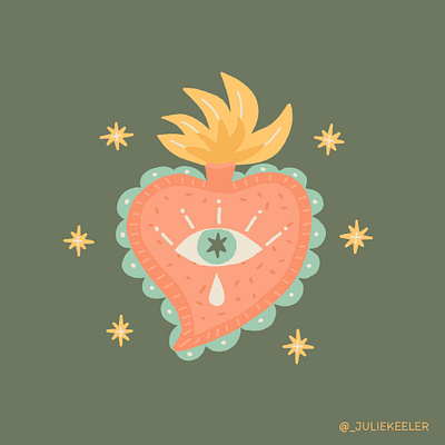 Sacred Love all seeing eye americana catholic drop eye flame flaming flat flat illustration heart illustration mexicana sacred heart stars tattoo tattoo idea tear third eye