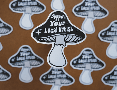 Support Your Local Artist artist branding design graphic design groovy illustration logo mushroom mystic shroom sticker