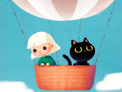 Sky travel 🎈 air balloon black cat cat character character design cute digitaldrawing doodle drawing girl character illustration ipad painting photoshop picturebook sky